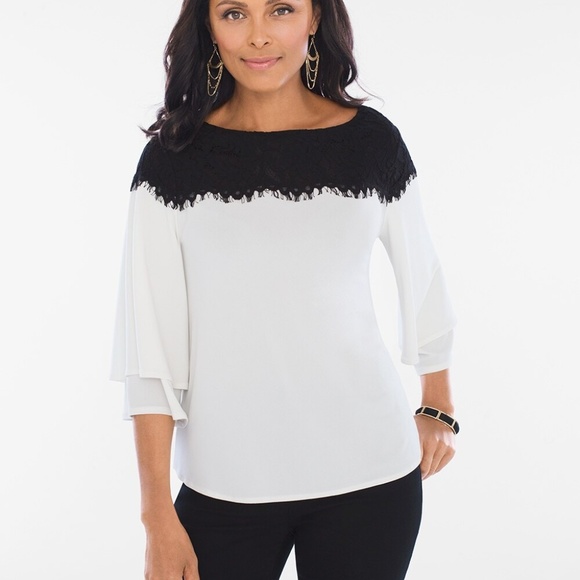 Chico's Tops - Chico's Lace Yoke Top Black & White Blouse M